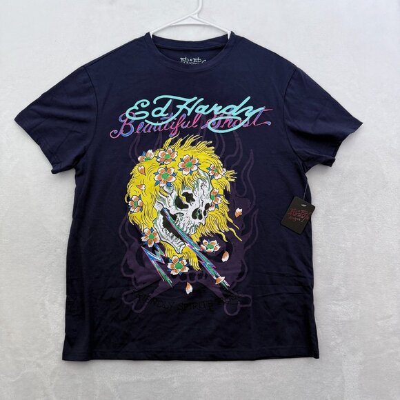 Ed Hardy Other - Ed Hardy T Shirt Mens M Blue Skull Beautiful Ghost Tattoo Y2K